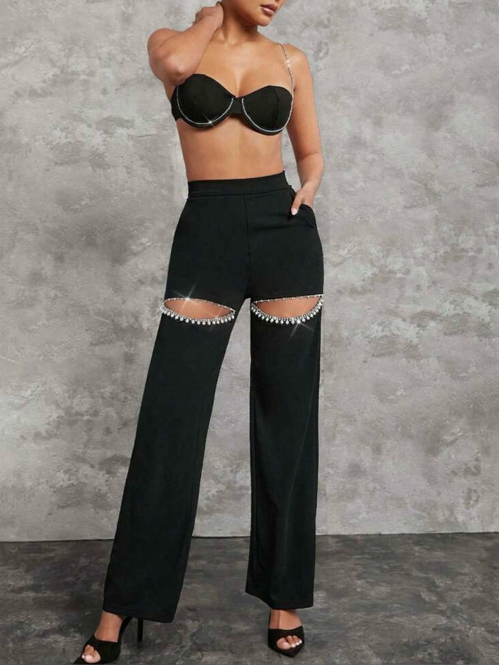 Black Embellished Cutout Wide-Leg Pants